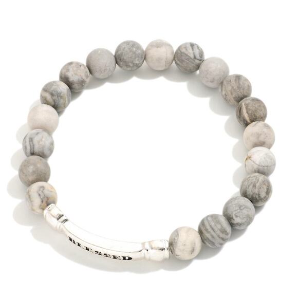 RETAIL $30 BLESSED Message bar Grey Stone Beaded Bracelet*Stretches - Picture 1 of 1